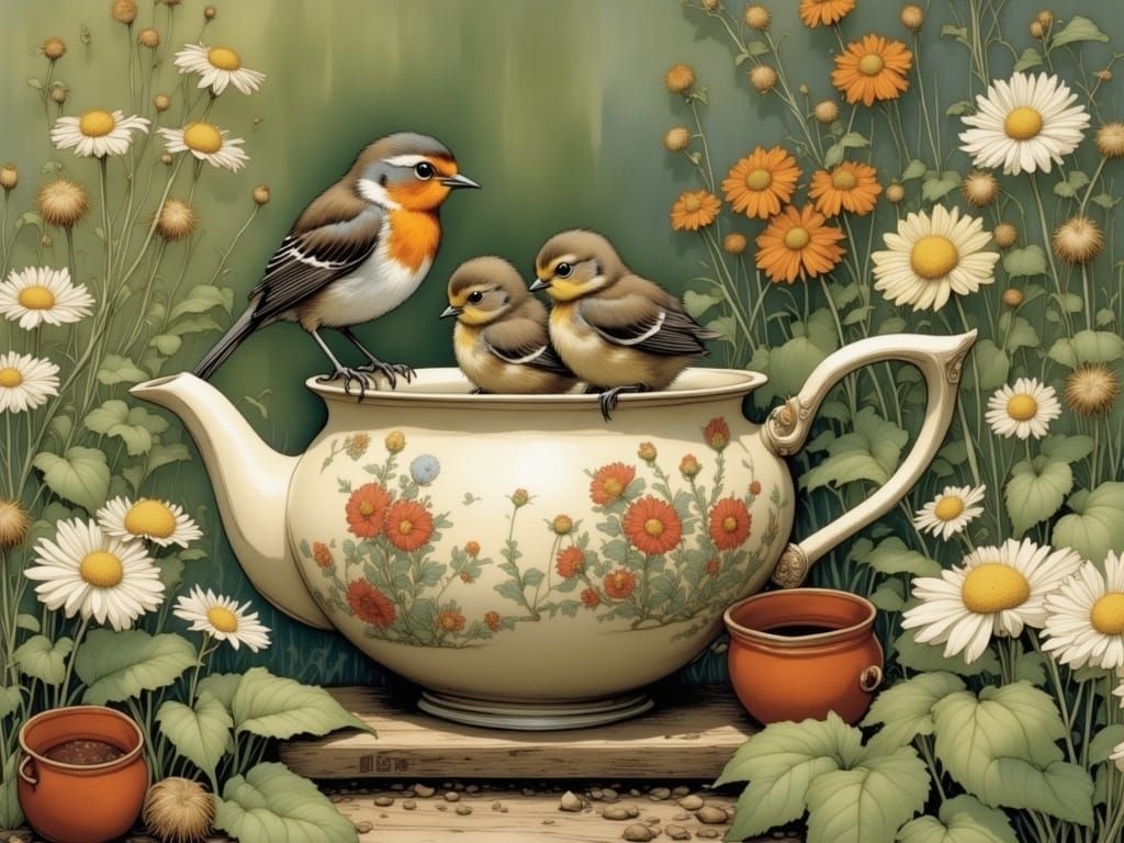 Robin Family Nesting in Teapot: Whimsical Illustration