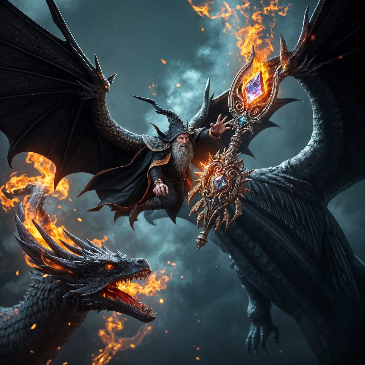 Wizard Dragon Battle with Dark Magic in 3D