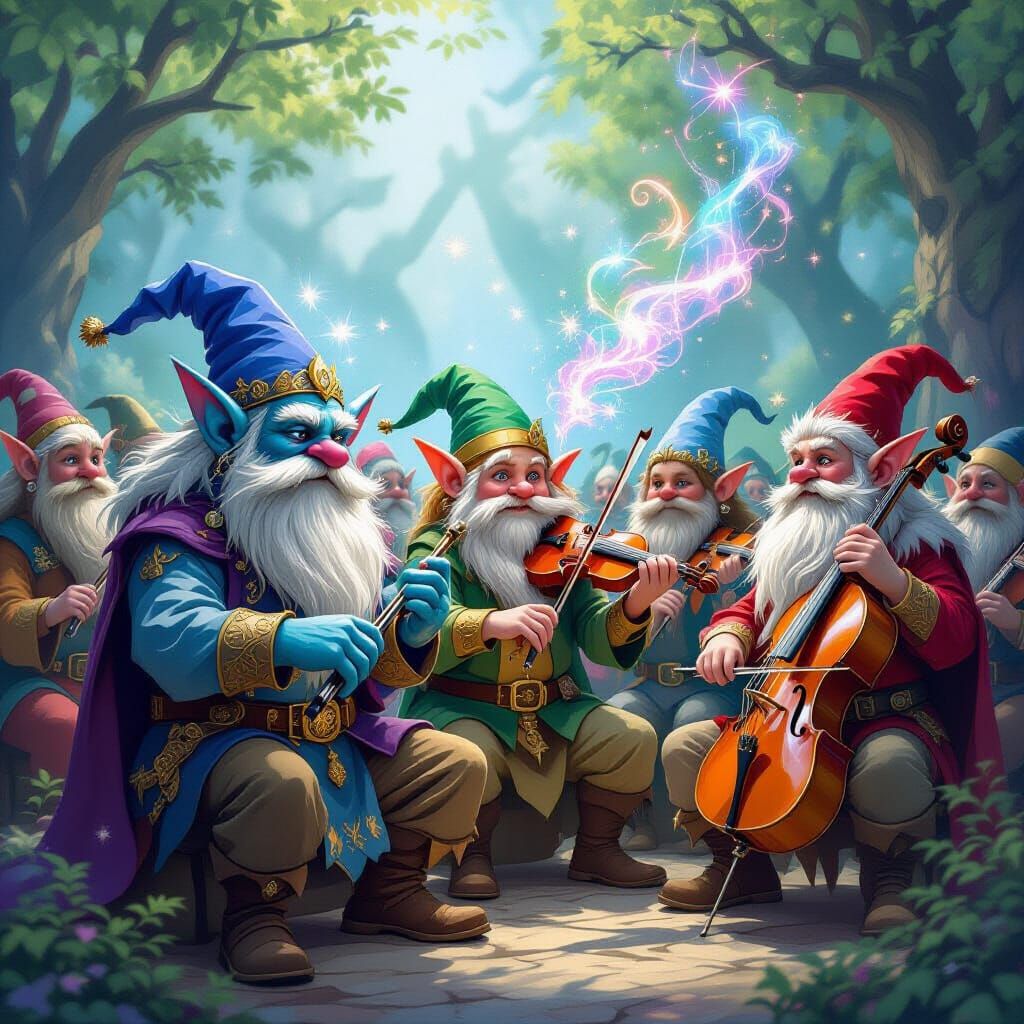 Fantasy Orchestra of Mythical Creatures Playing Magic Instru...