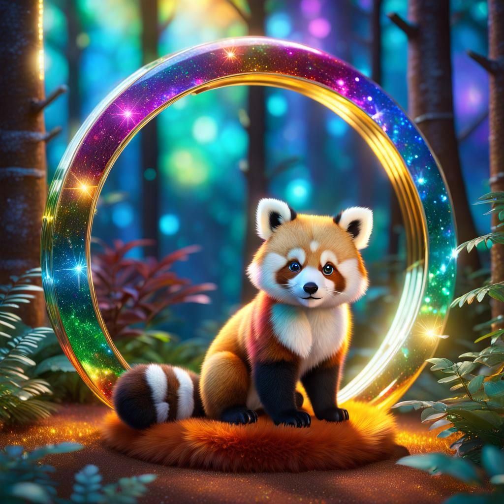 Adorable Red Panda Cub in Cosmic Forest, Photorealistic Styl...