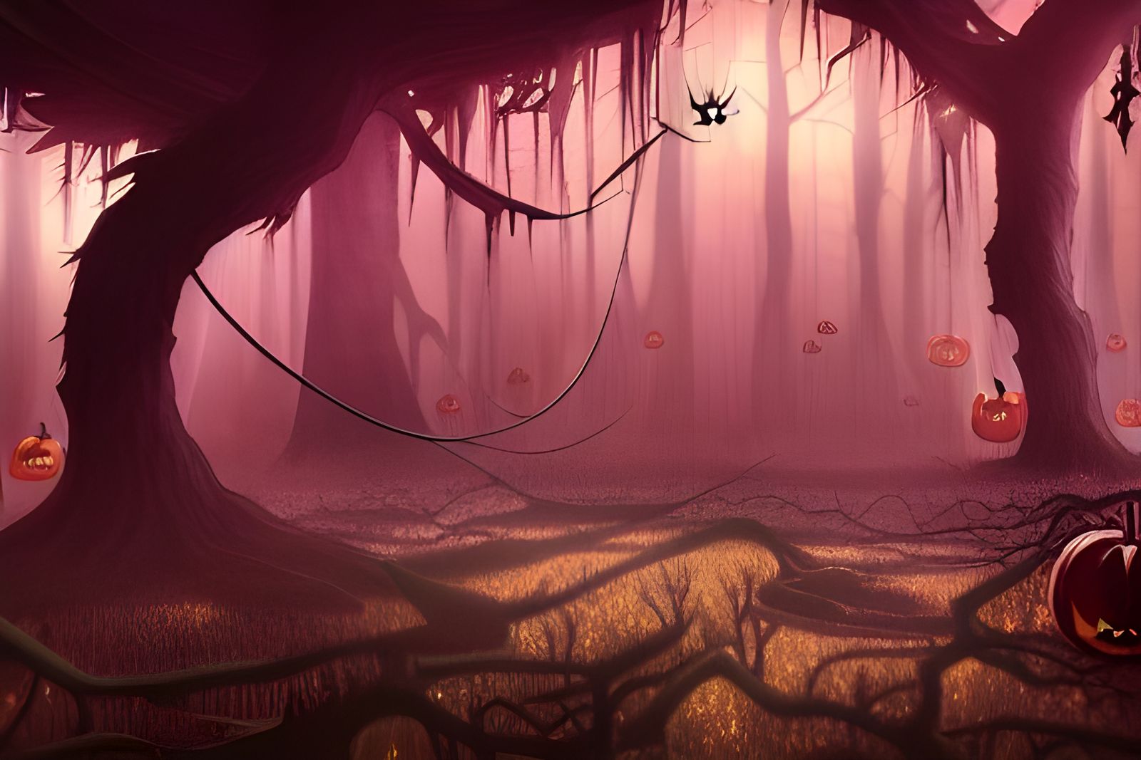 Spooky Anime Forest with Ghosts and Bats