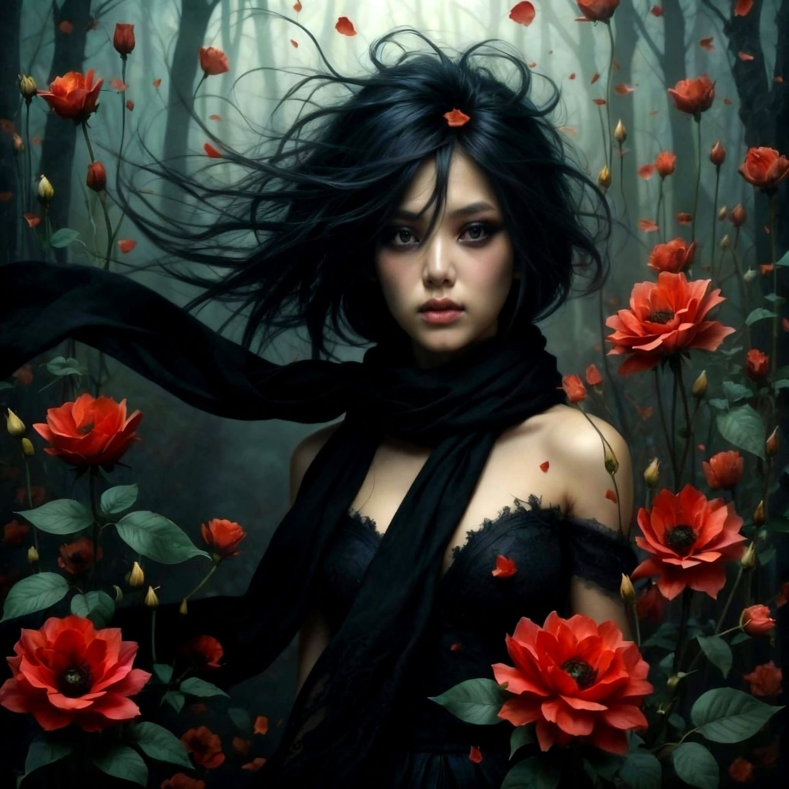 Gothic Maiden in Ethereal Rose Forest at Dusk