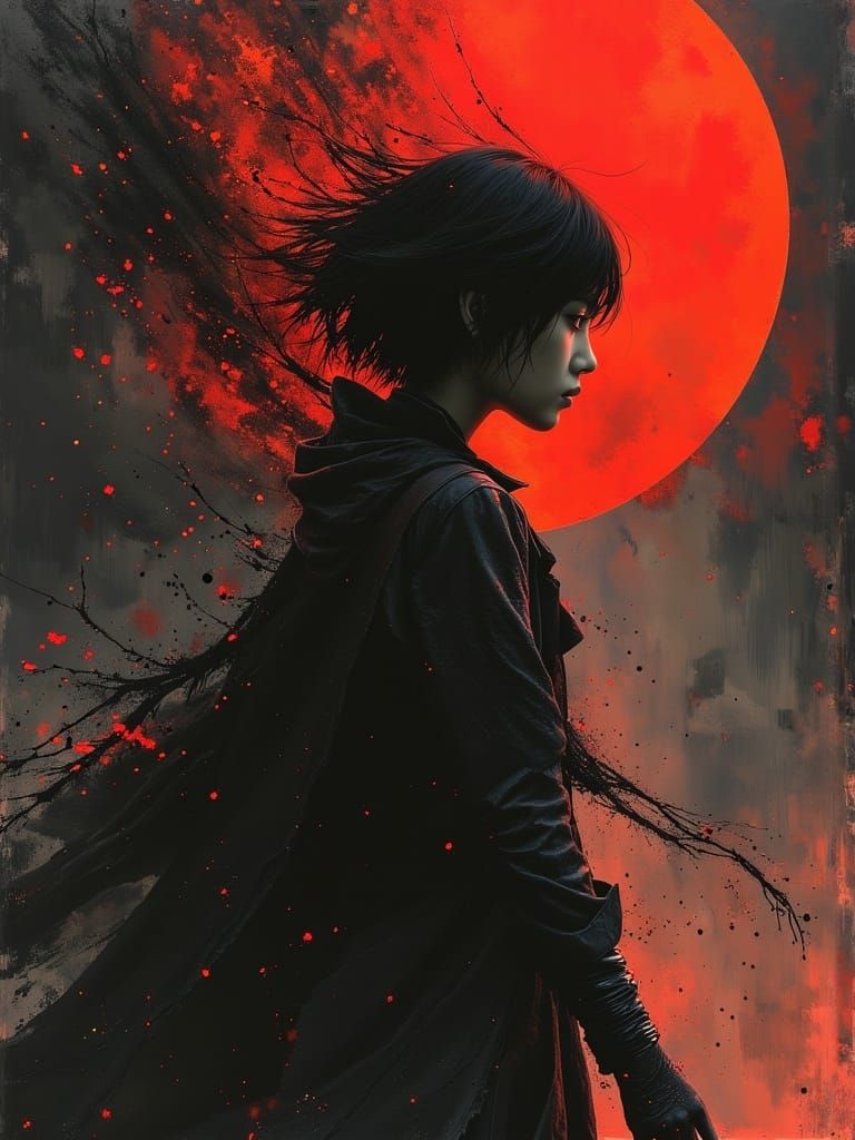 Mystical Assassin in Foggy Asian Forest Under Red Moon