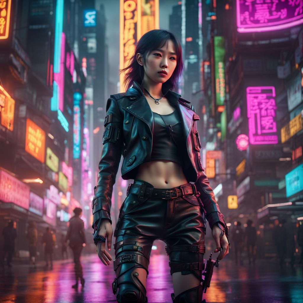 Cyberpunk Woman in Neon City: Detailed Digital Art