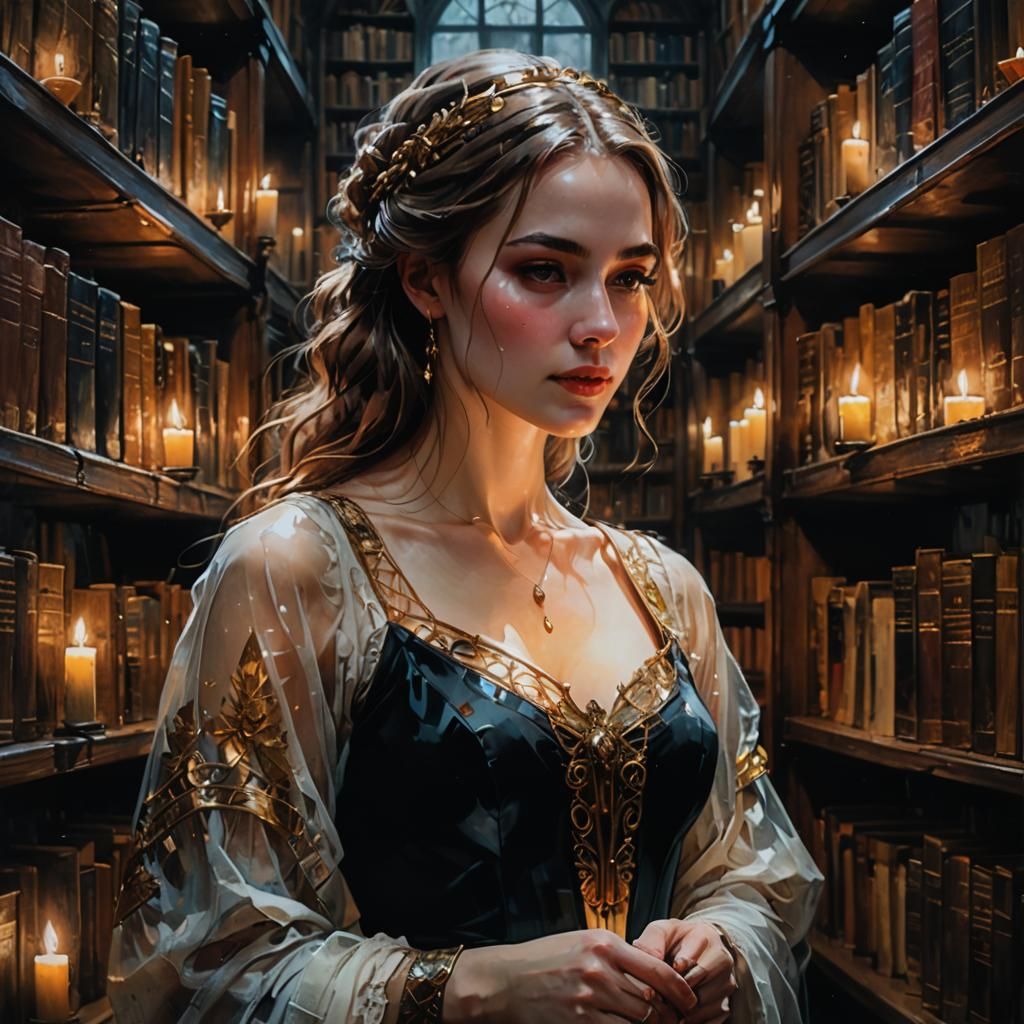 Princess Browsing Ancient Library at Night