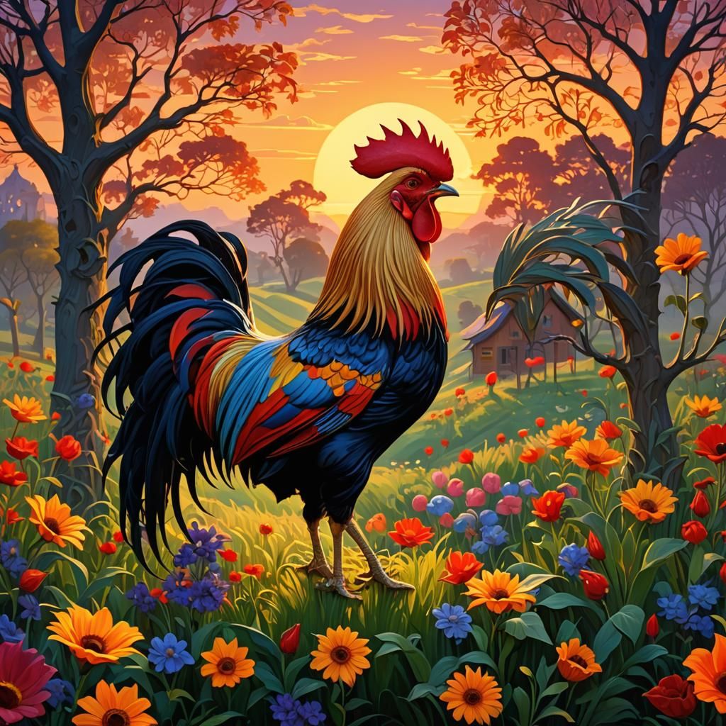 Fairytale Rooster Crowing at Sunrise in Magic Realism