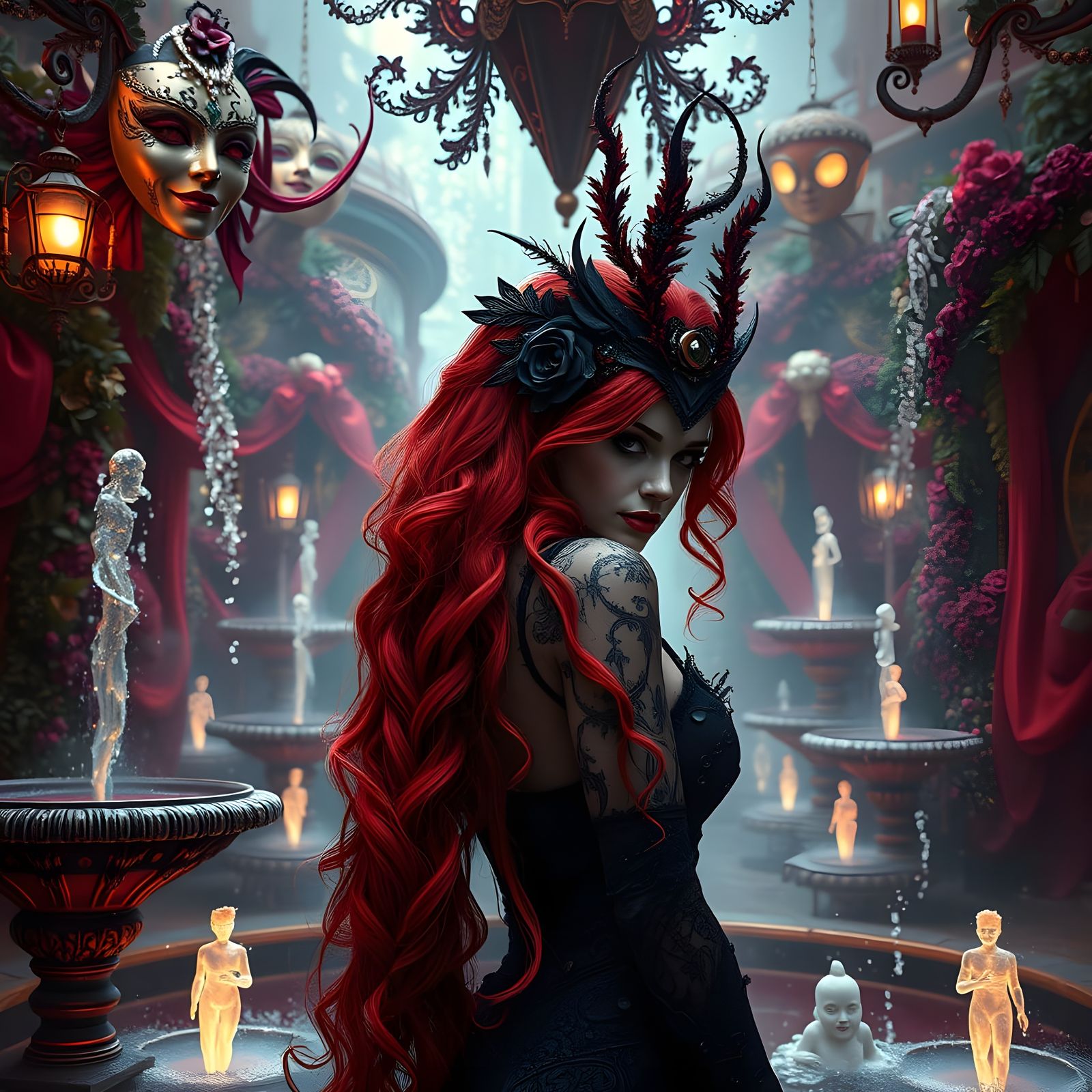 Scarlet Vampire Goddess in Moulin Rouge Carnival Splendor