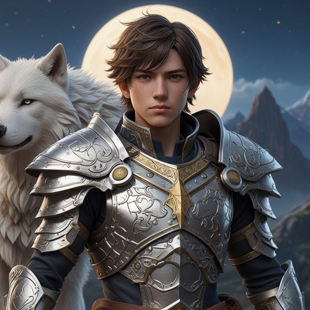 Mystic Adolescent Knight Rides Luminous Wolf Under Lunar Ski...