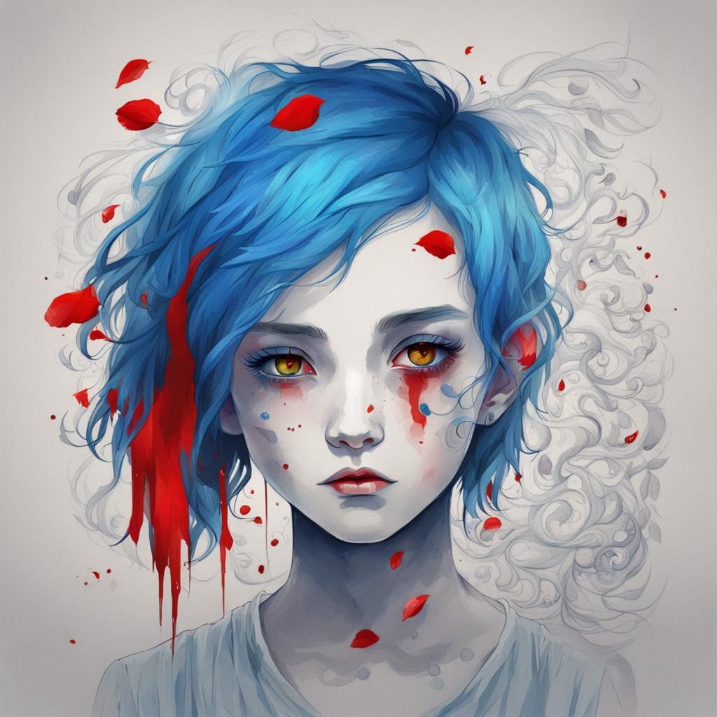 Girl with Red Eyes and Blue Hair