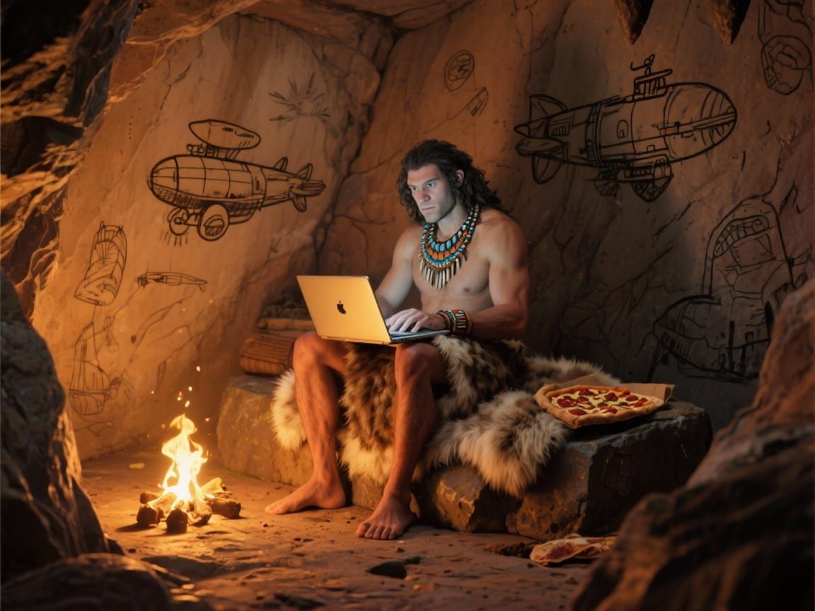 Caveman Orders Pizza on Laptop in Cave, Inspired by Sci-Fi A...