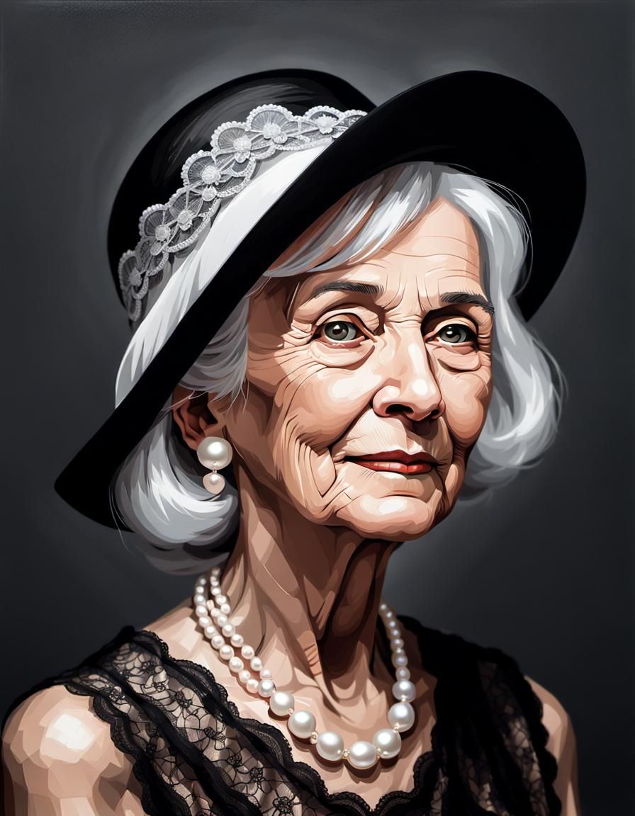Art Deco Portrait of Elderly Woman in Black and White