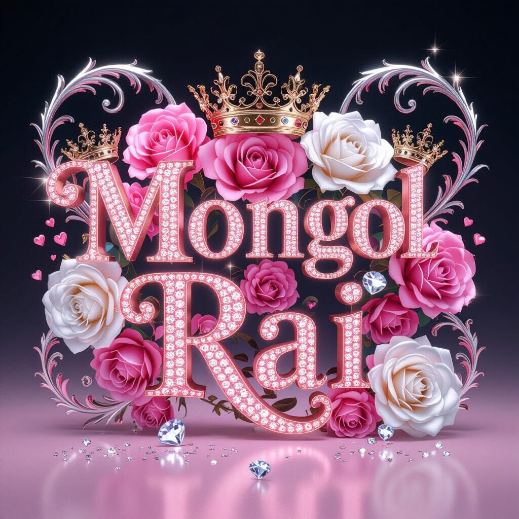 Glamorous "Mongol Rai" Text with Roses and Crowns