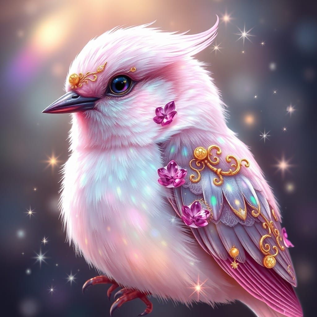 Ethereal Bird Portrait with Luminous Pastel and Ruby Hues
