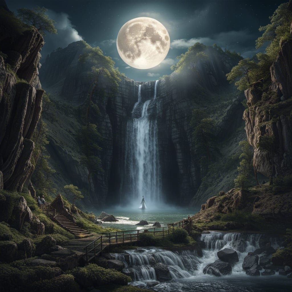 Moonlit Horseshoe Waterfall: Dramatic Digital Painting