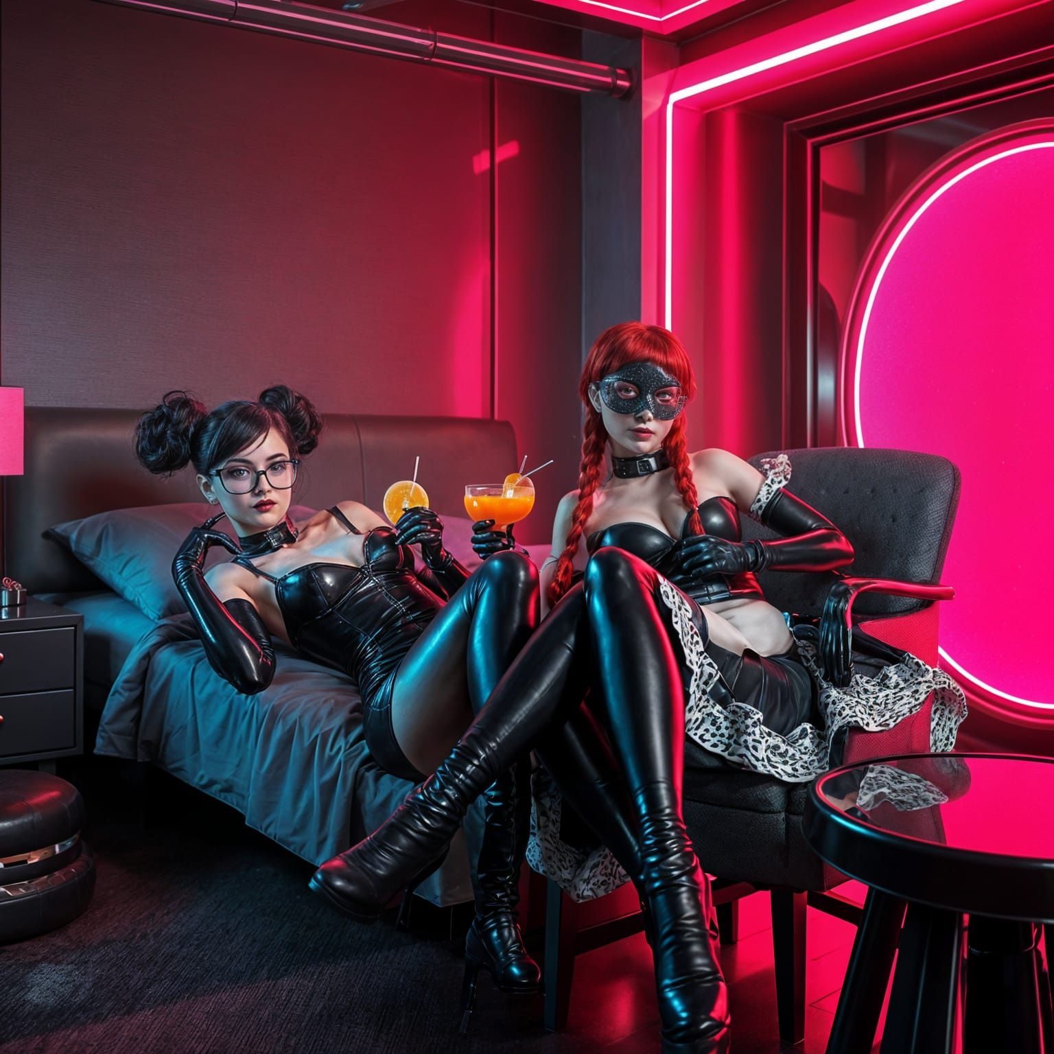 Cyberpunk Maids Relax in Hotel Room