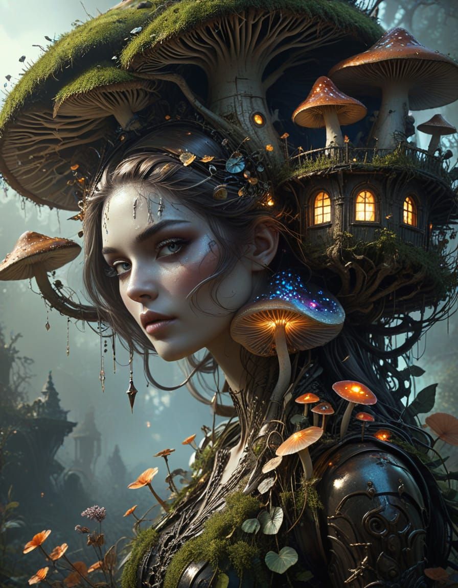 Whimsical Fey Fairy Mushroom House in a Fairytale Setting