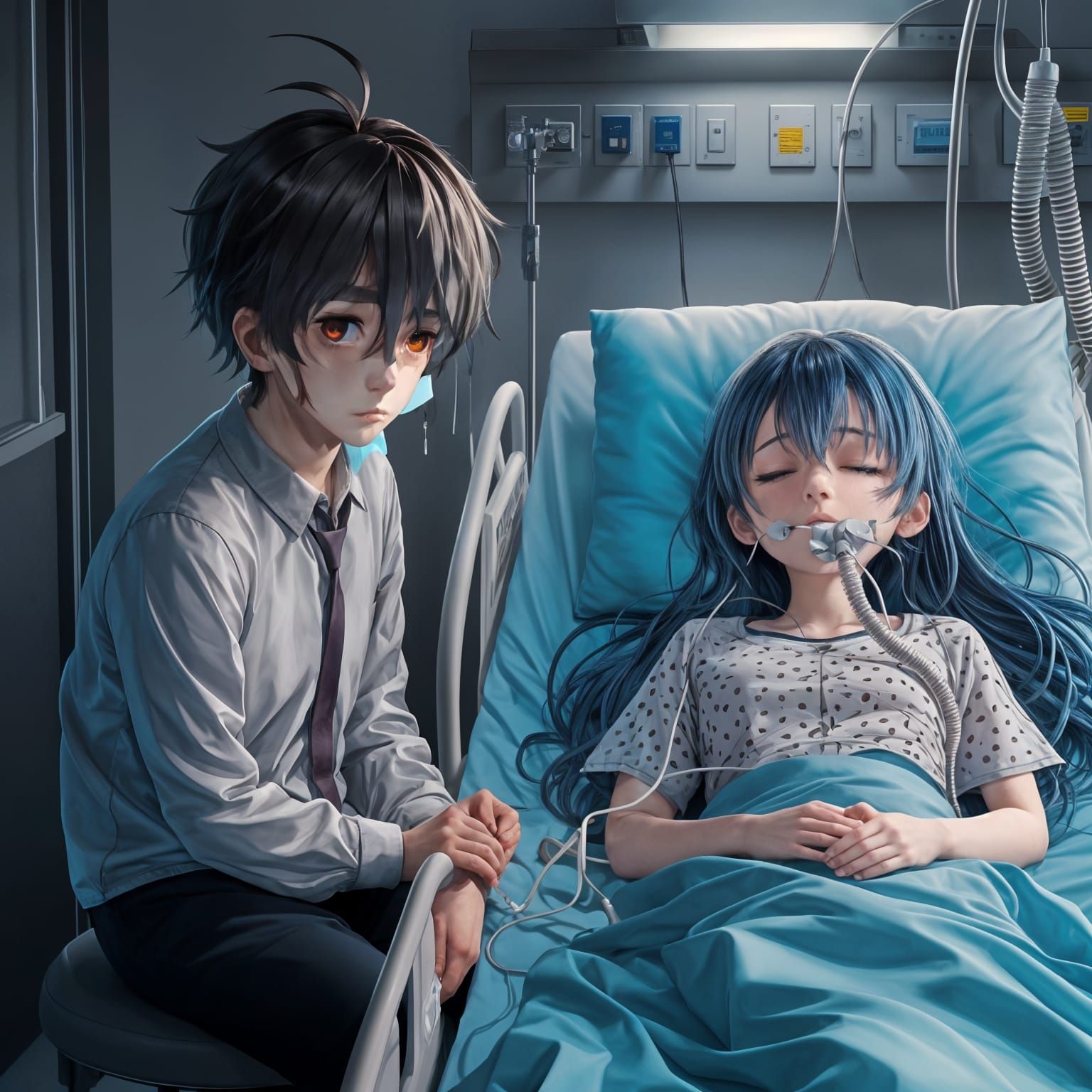 Grief-Stricken Boy Beside Unconscious Girl: Anime Art