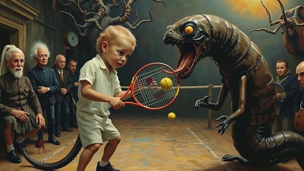 Eraserhead Baby vs Biomechanical Worm, in Surrealist Oil Pai...