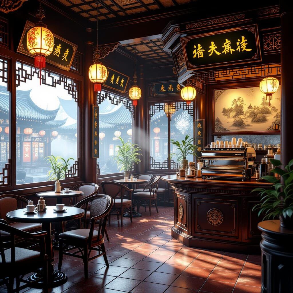 Atmospheric Chinese Tea Shop Interior in Bright 3D Style