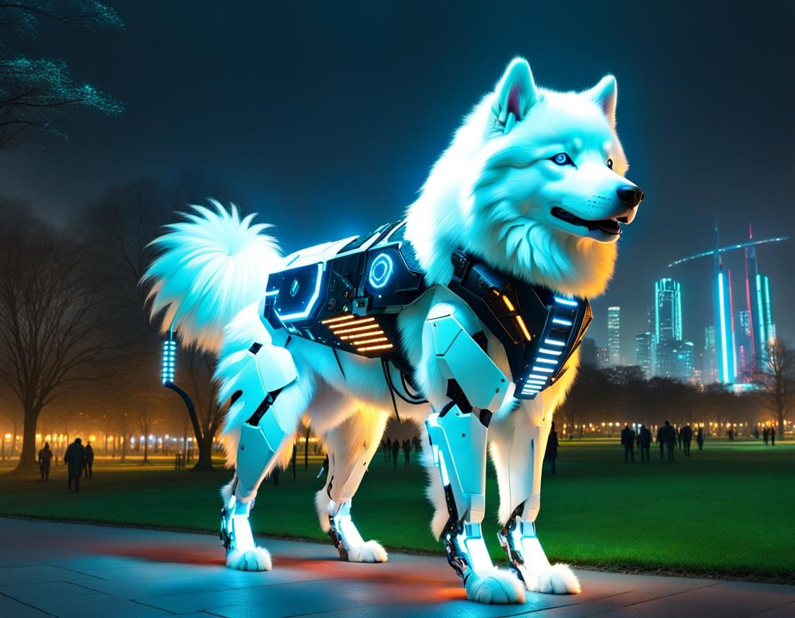 Cybernetic Samoyed Dog in Futuristic Park