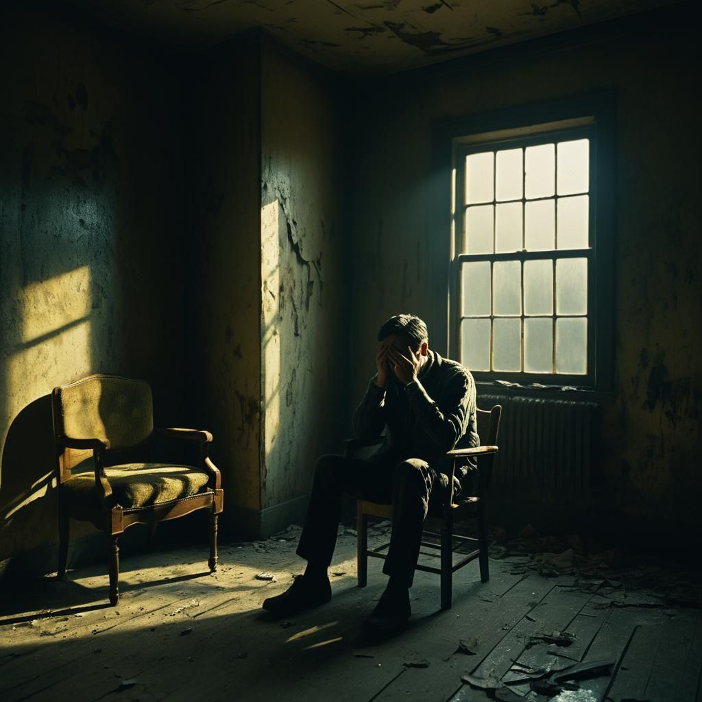 Moody Man in Dead Room: Film Noir Cinematic Still