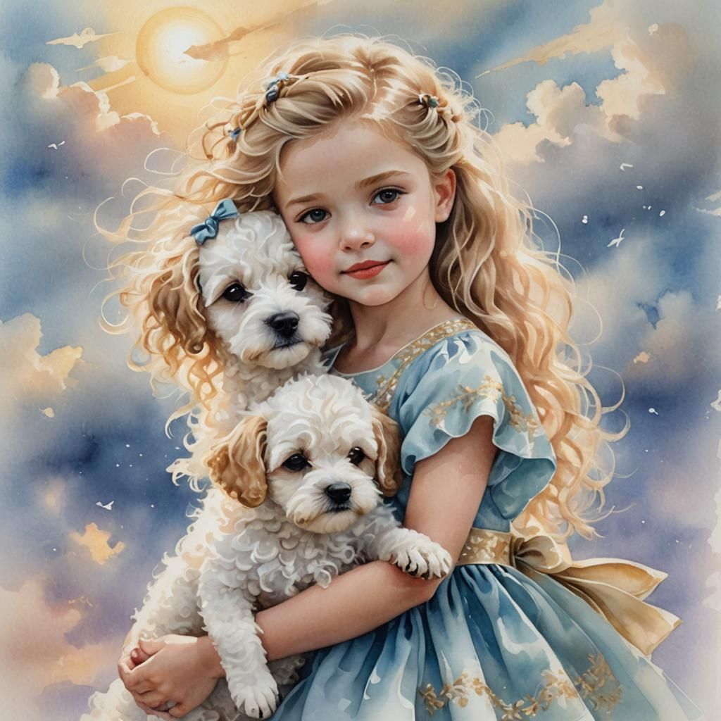 Watercolor Portrait of Girl with Puppy in Pastel Colors