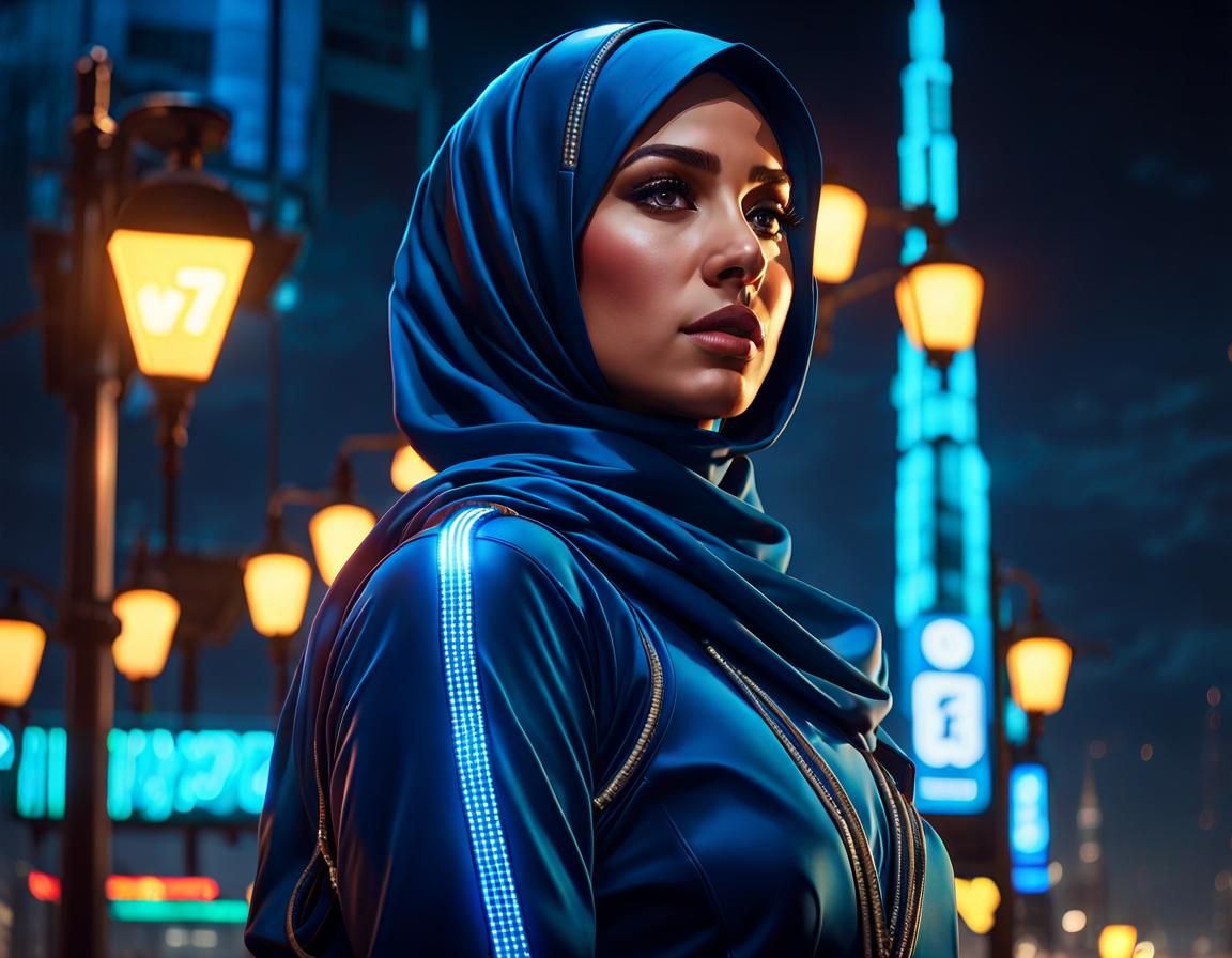 hijabi middle eastern woman wearing a full metal blue suit s...