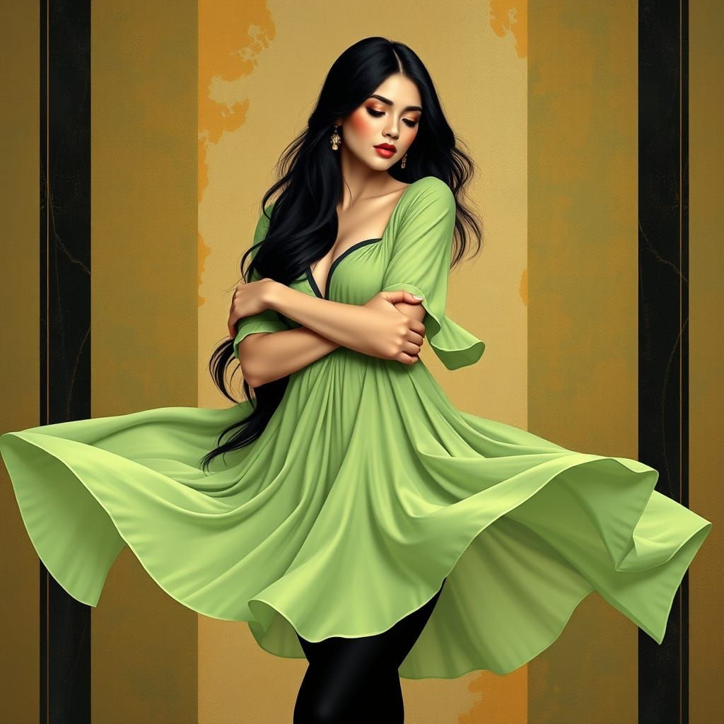 Elegant Woman in Light Green Flowing Dress