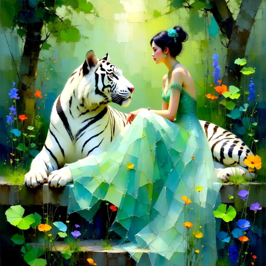 Goddess Embraced by Majestic White Tiger in Sunlit Forest