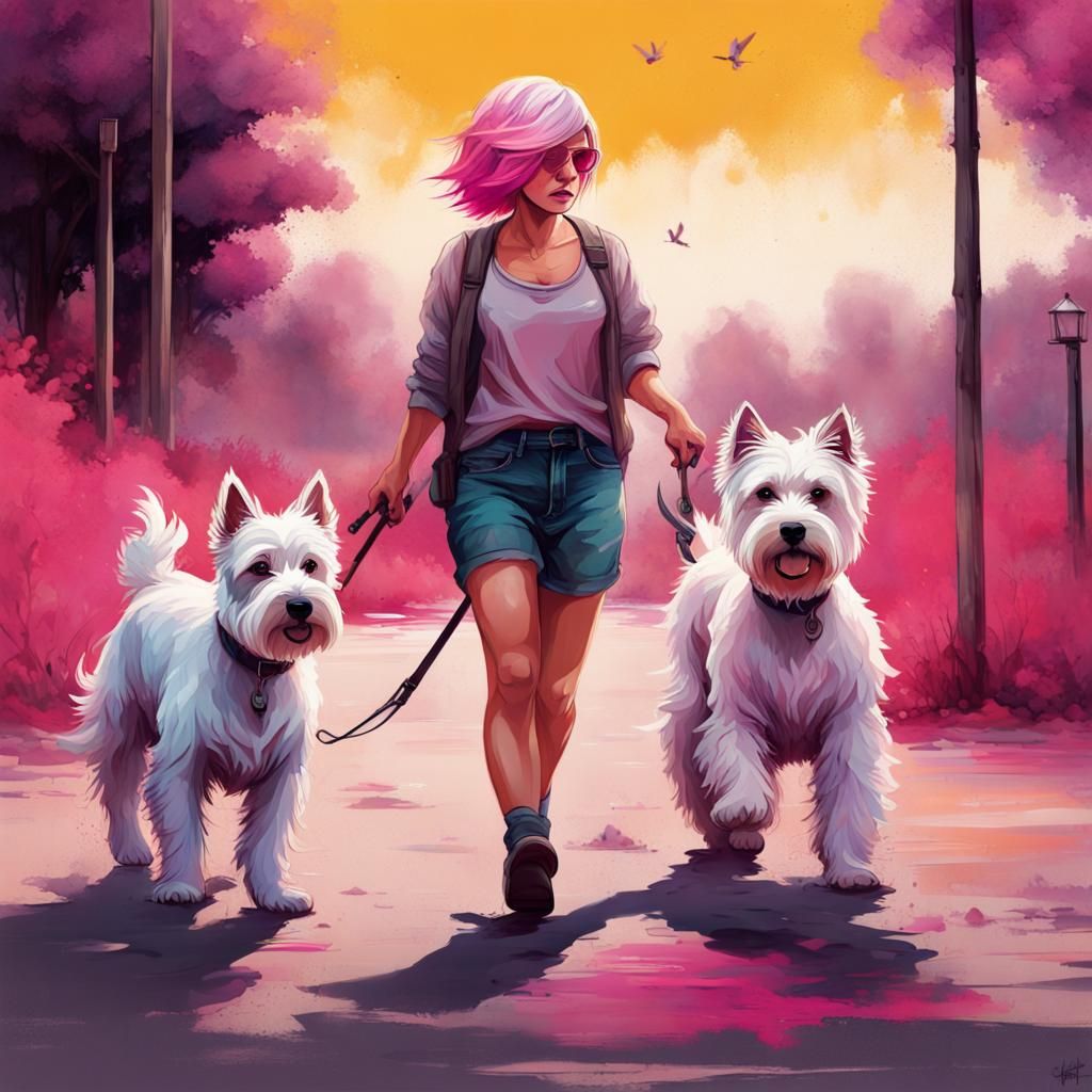 Pink Haired Woman Walking Dogs: Graffiti Art Style
