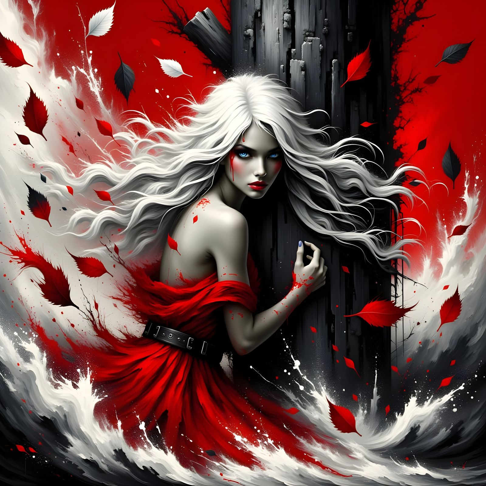 Norse Goddess Battling Windstorm in Red and Black