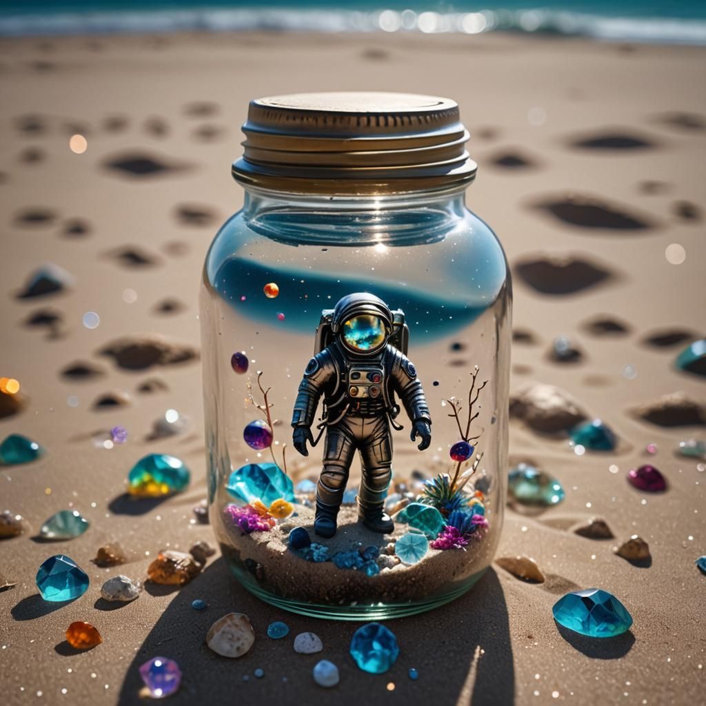 Astronaut in Glass Jar Floating in Universe