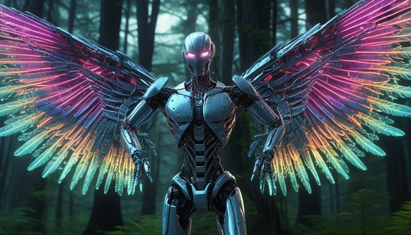 Biomimicry Robot with Neon Circuits in Misty Forest