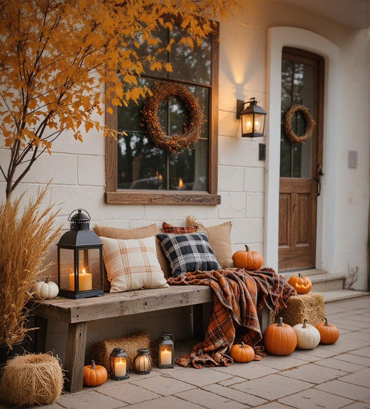 Cozy Autumn Porch Decor with Pumpkins and Lanterns