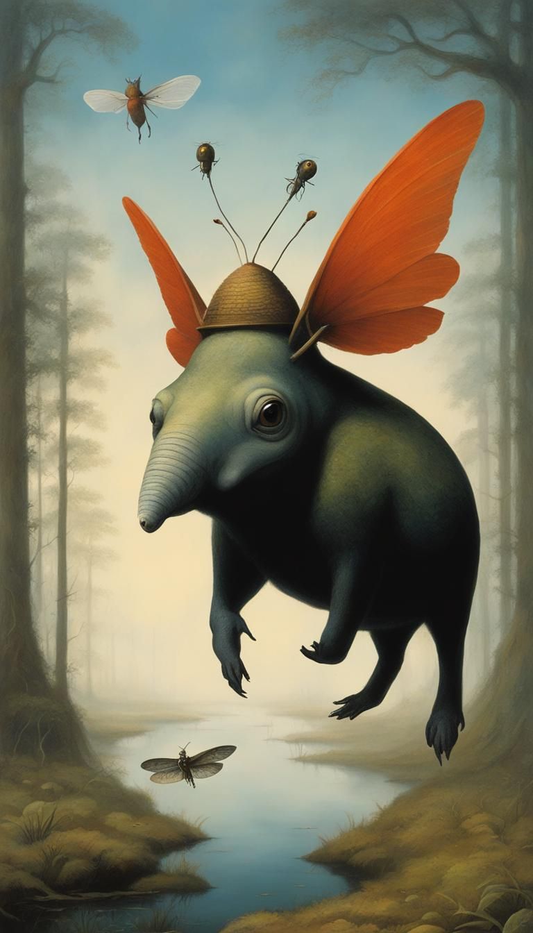 Surreal Swamp Mammal Takes Flight in Mysterious Foggy Landsc...