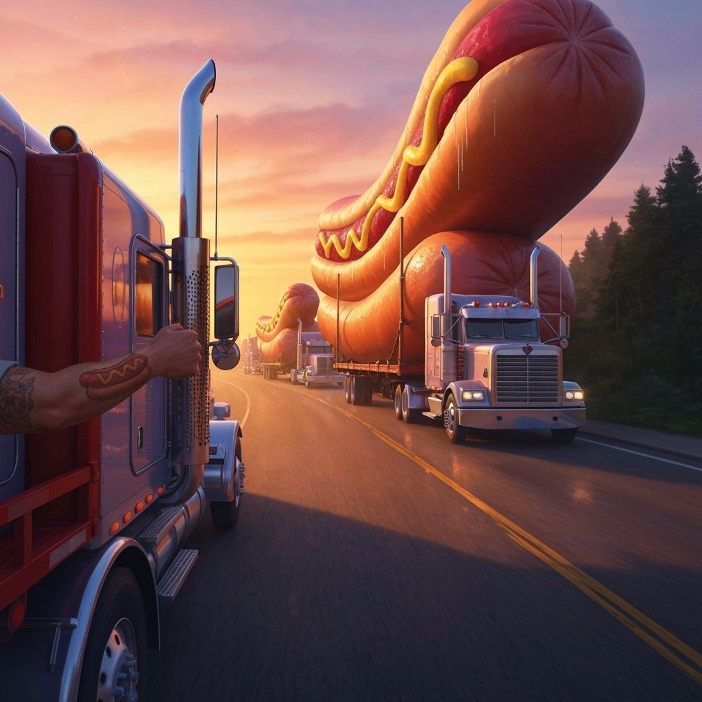 18-Wheeler Convoy Carries Giant Hotdogs at Sunset