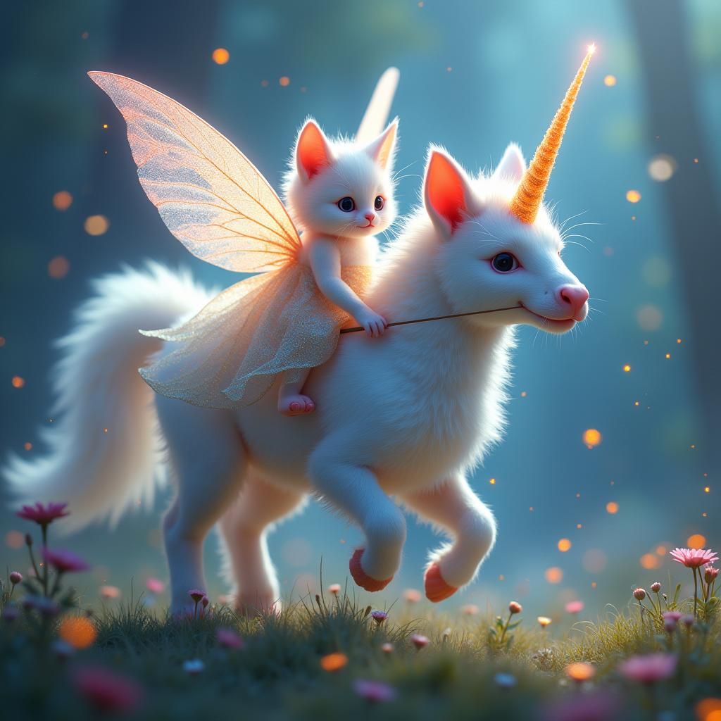 Fairy Kitty Rides Unicornasour in Dreamlike Realm