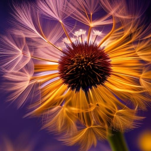 Dandelion Clocks in Flames: Hyperrealistic Splash Art