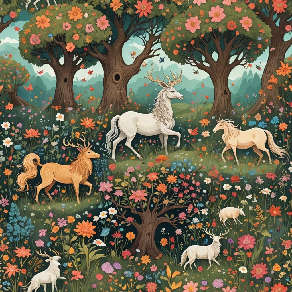 Harmonious Mythical Creatures in Floral Meadow