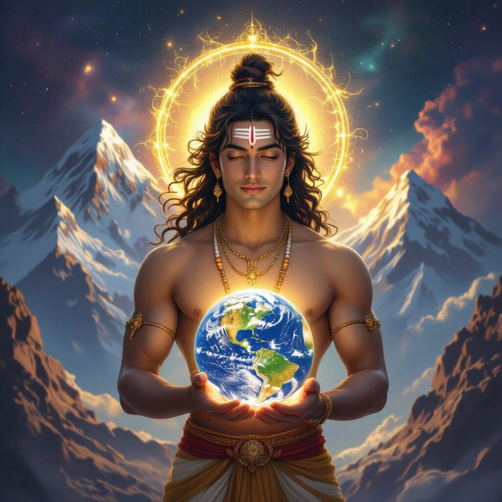 Divine Man Holds Earth in Space: Fantasy Art