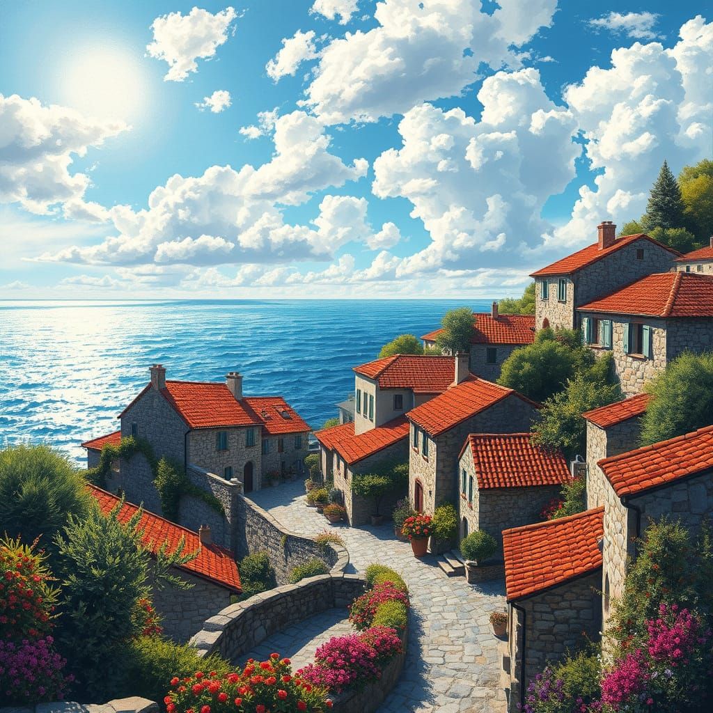 Coastal Village Scene in Vibrant Polychromatic Style