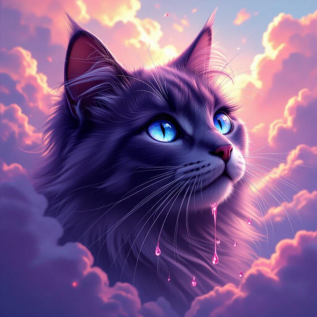 Majestic Purple Cat Crying Pink Tears Amidst Clouds