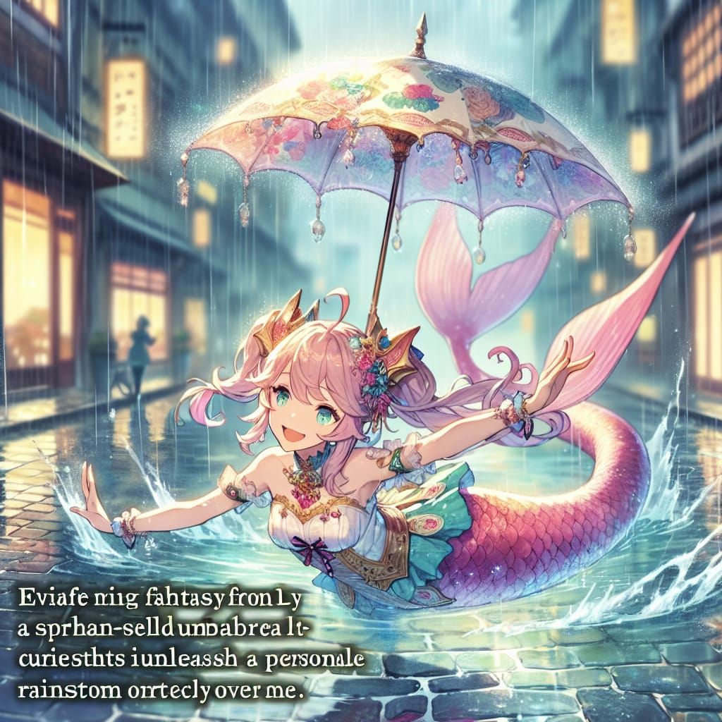 Mermaid Surfs Rainy Day in Whimsical Fantasy World