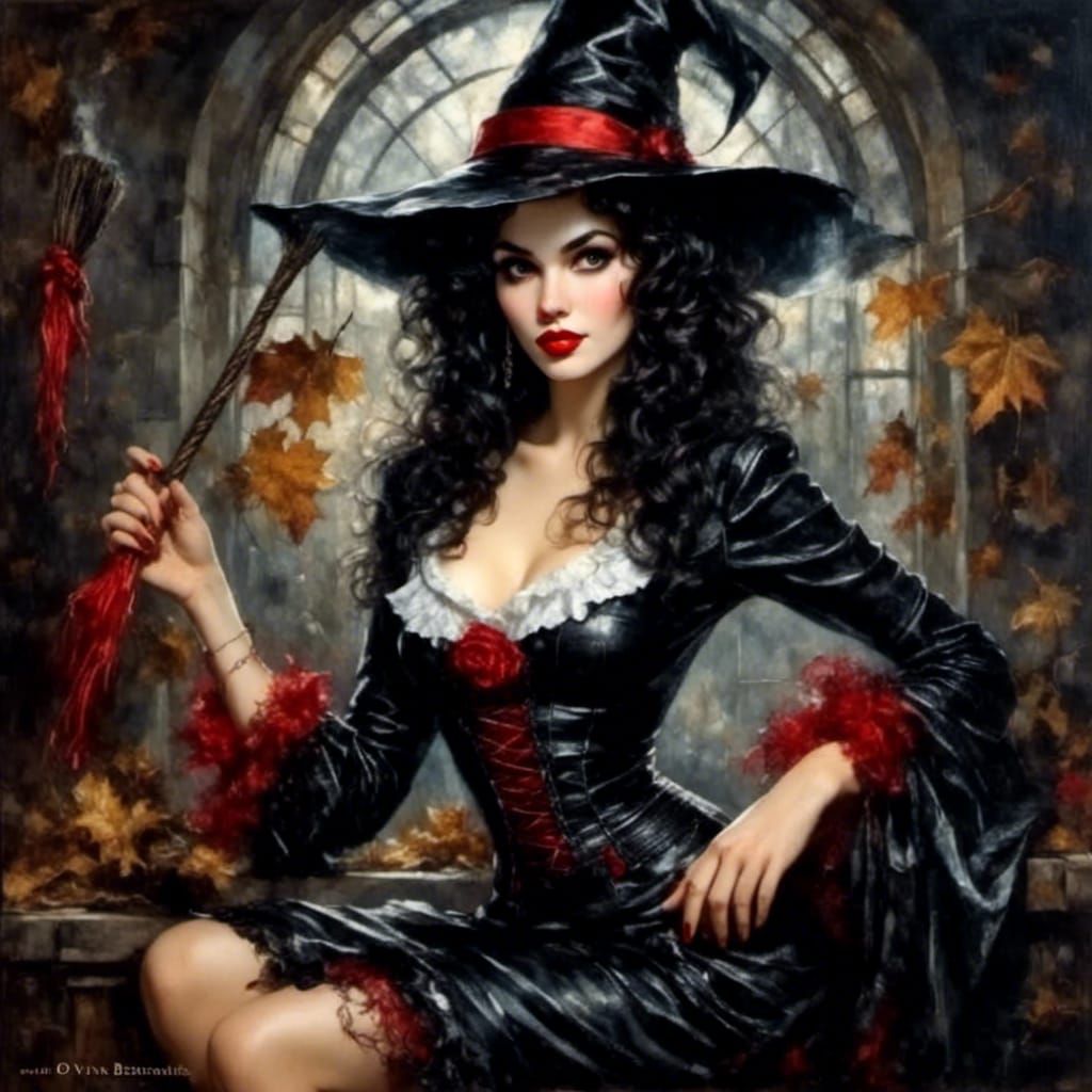 Dark Pixie Witch Rides Broom in Noir Gothic Style