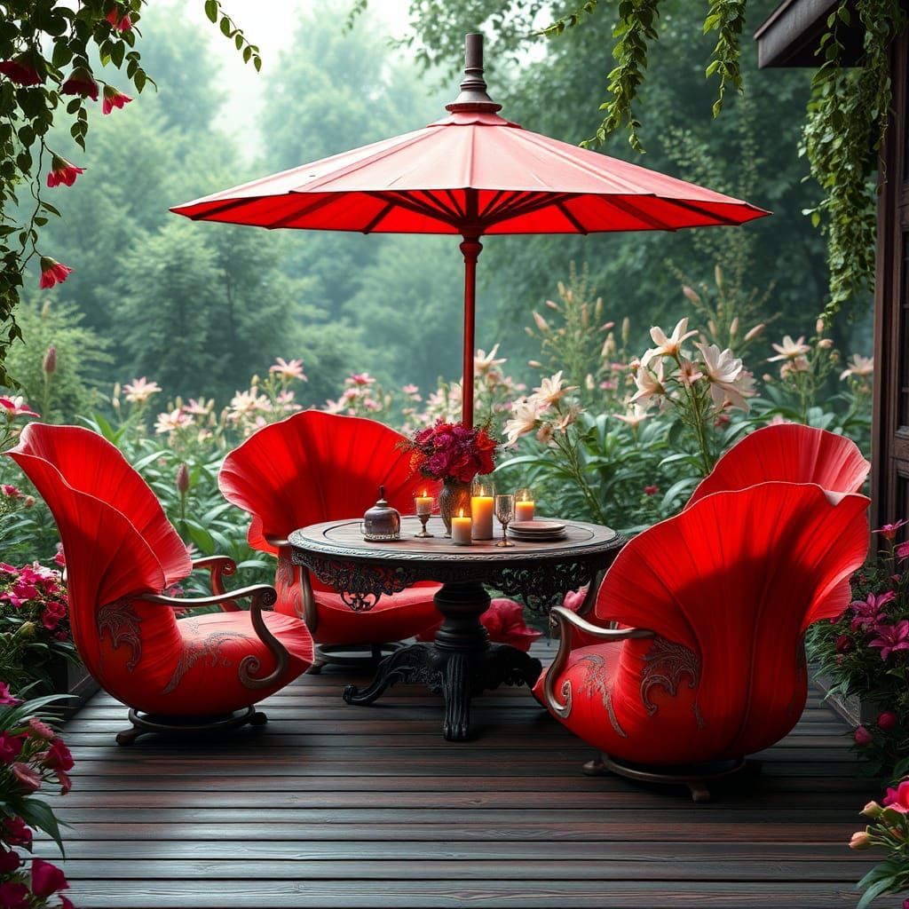 Mystical Poppy Petal Chairs in Fantasy Landscape