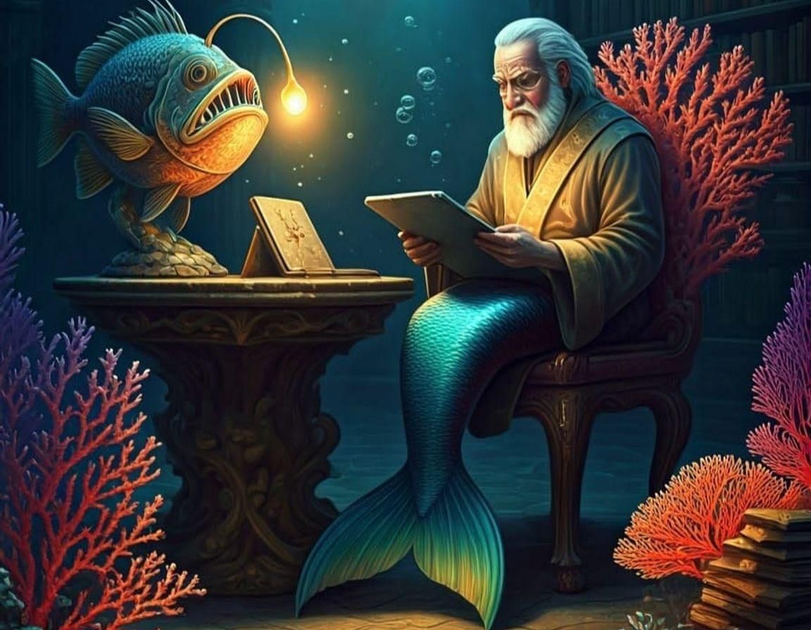 Merman Scholar Reading by Angler Fish Light