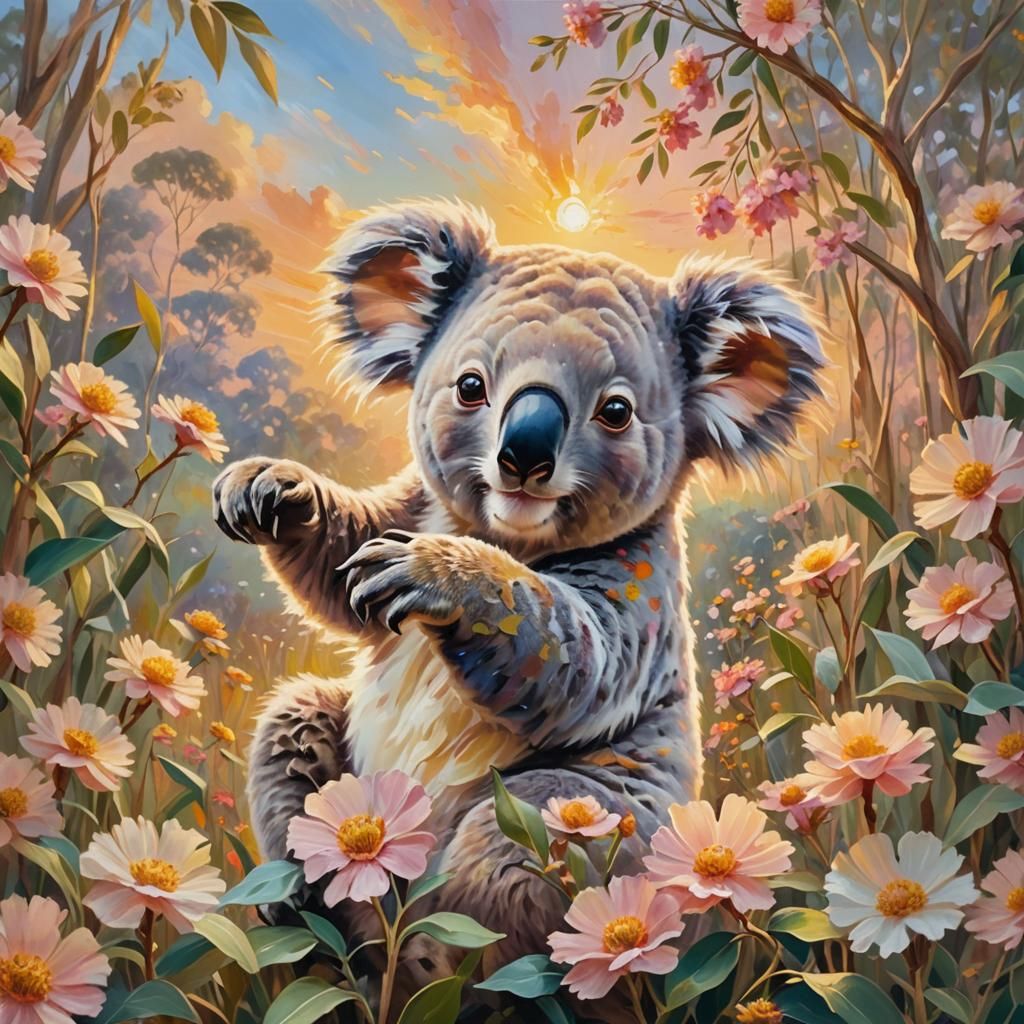 Koala in Flower Garden: Impressionist Oil Painting