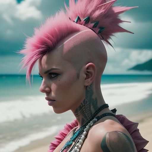 Punk Pink Mohawk on Tropical Beach in HDR