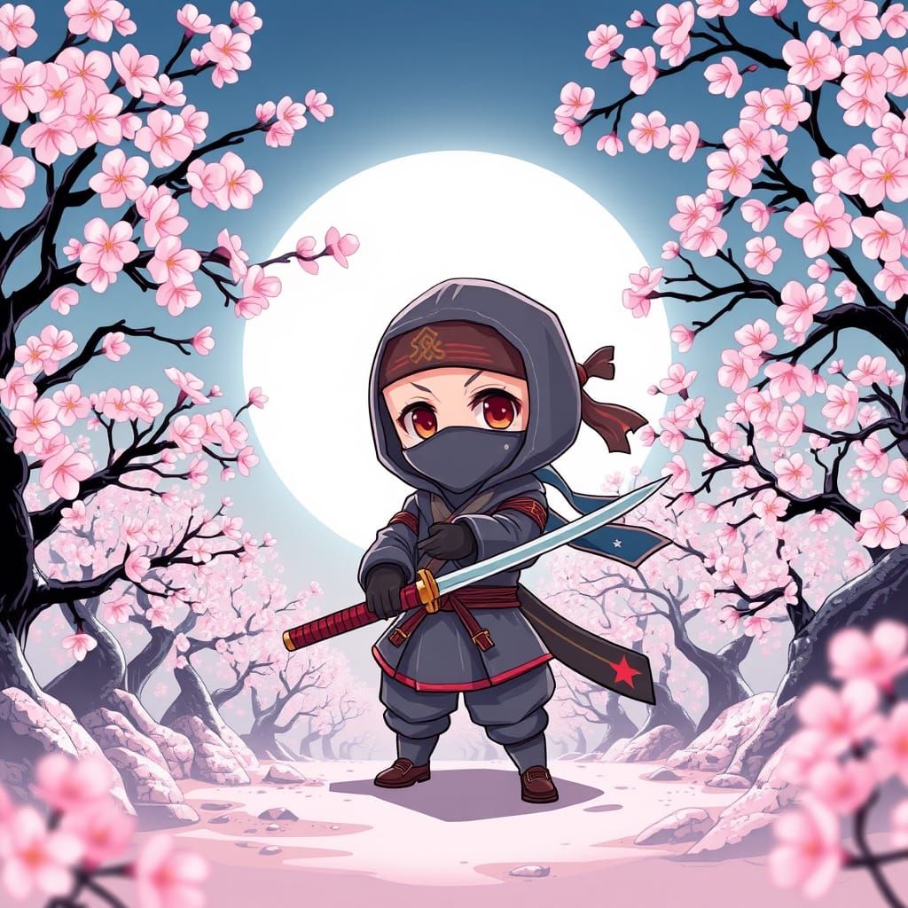 Chibi Ninja in Cherry Blossom Garden