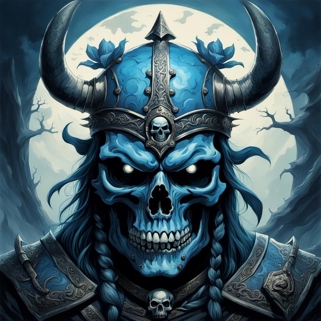 Demonic Blue Magnolia Skull in Horror Style